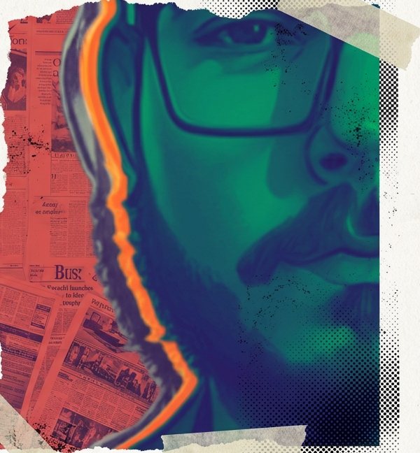 Ilustración de la portada: rostro en tonos verdes y azules sobre fondo de periódicos rojos