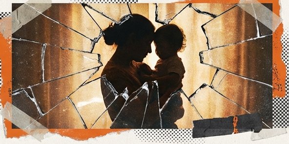 Silueta de una madre con su hijo detrás de un vidrio roto