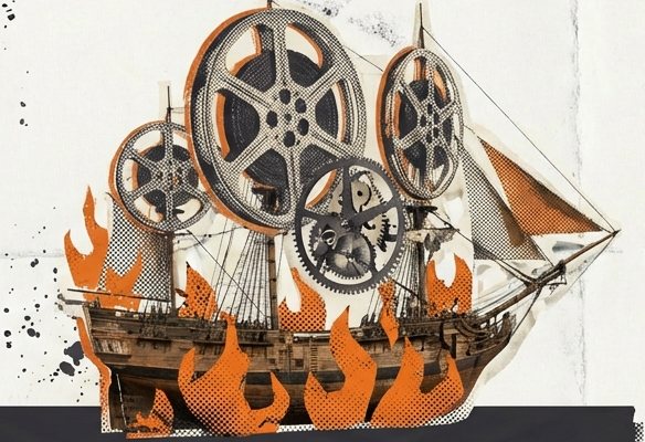 Barco en llamas con carretes de cine por velas