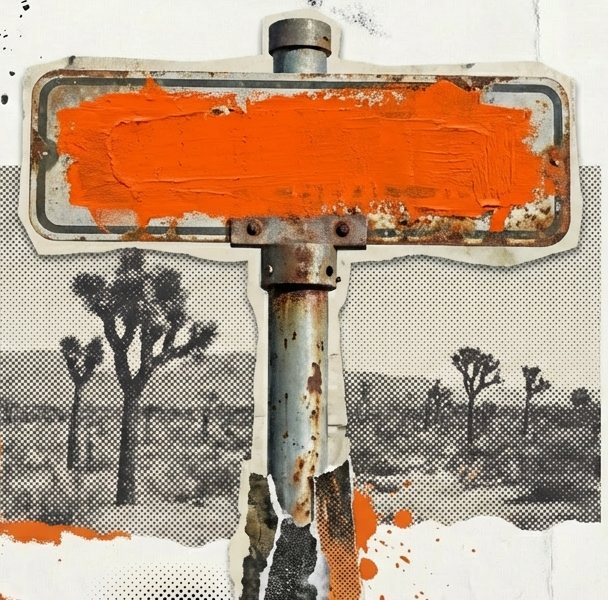Letrero de calle oxidado con el nombre tapado de naranja