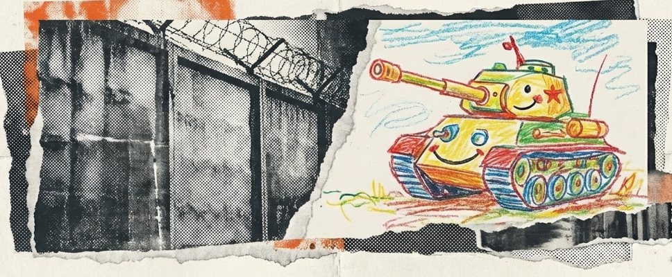 Muro con alambre de púas y dibujo infantil de un tanque sonriente